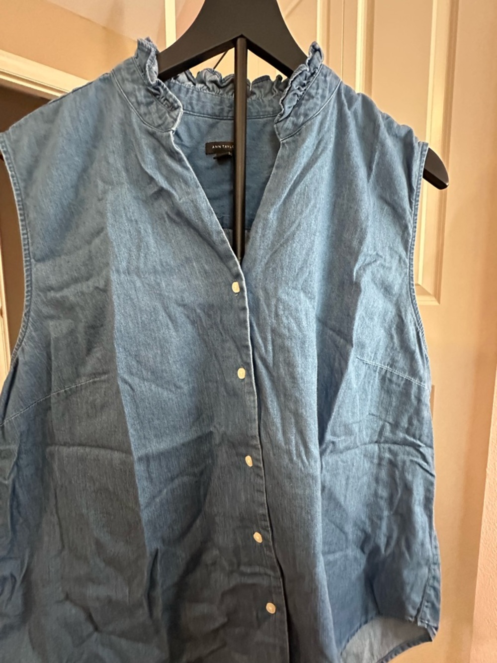 Ann Taylor Sleeveless Chambray Ruffle Collar, Button-Front Top